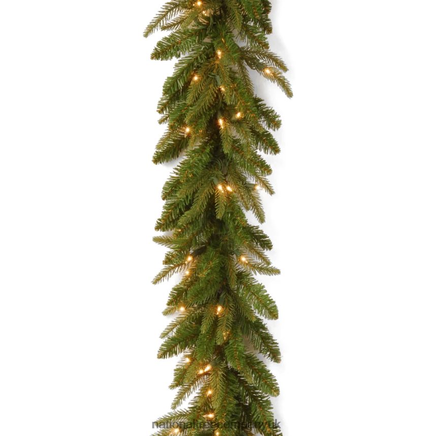 Greenery | National Tree Company Pre-Lit Feel Real Artificial Christmas Garland Green Frasier Grande White Lights Plug In Christmas Collection 9 Feet F2L4F393
